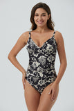 ECUPPER Ruched Vintage Floral Slimming Sexy One Piece Swimsuit