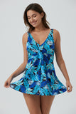 Ecupper One Piece V-Neck Twist Floral Swimsuits Flowy Swimdress with Built in Briefs