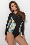 Long Sleeve Zip Floral Print One Piece Swimsuit
