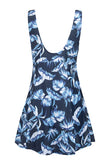Blue Feather Flower Printed Swimdress with Boyshort